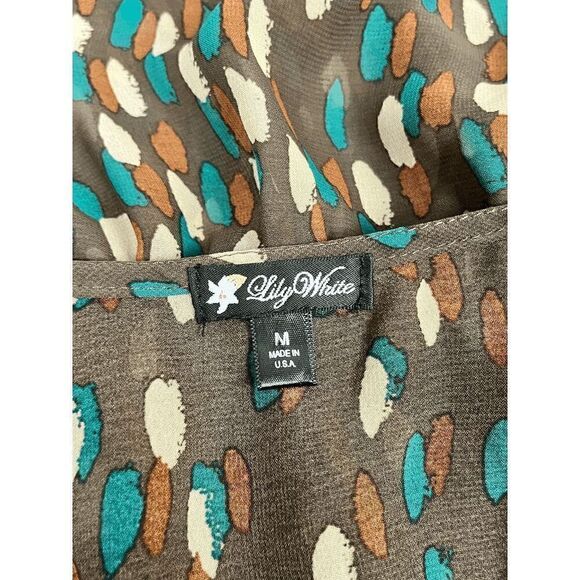 Lily White Womens Sleeveless Asymmetrical Blouse Brown Green Polka Dot Size M - Picture 6 of 9